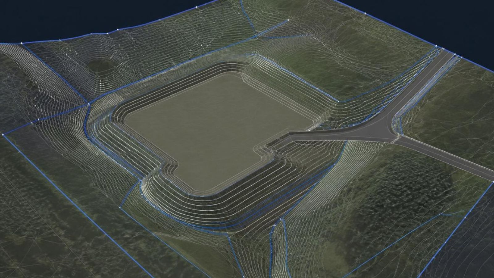 Civil 3D grading design showing terrain, contours, feature lines, drainage and site grading geometry